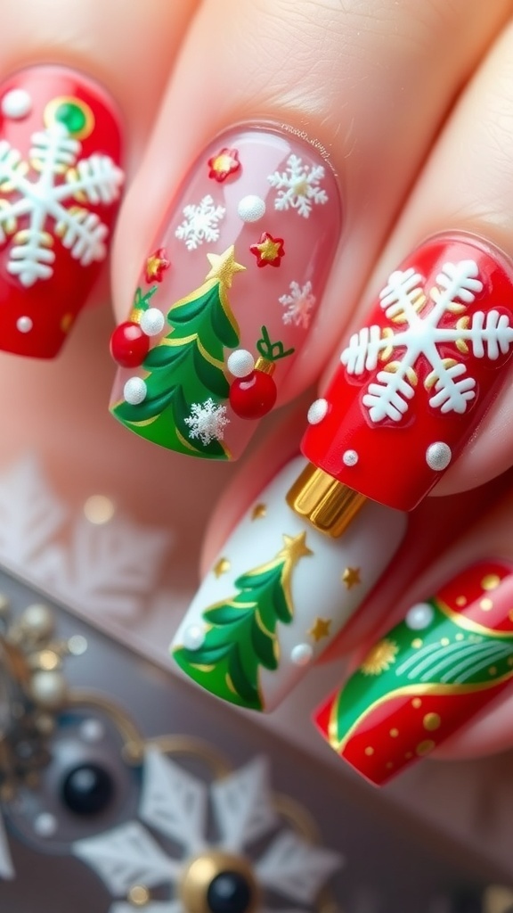 Close-up of 3D gel Christmas nail art with snowflakes and Christmas trees in festive colors.
